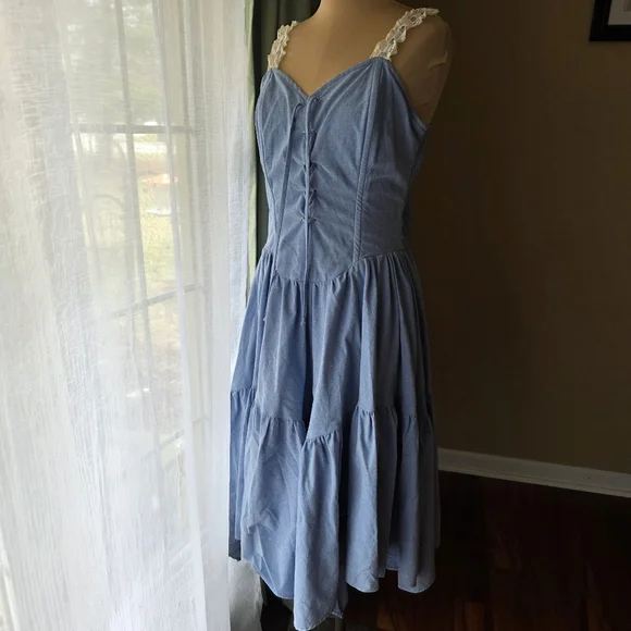Vintage 70s Frederick's of Hollywood Tiered Denim Dress Medium w Lace Straps - Picture 2 of 9